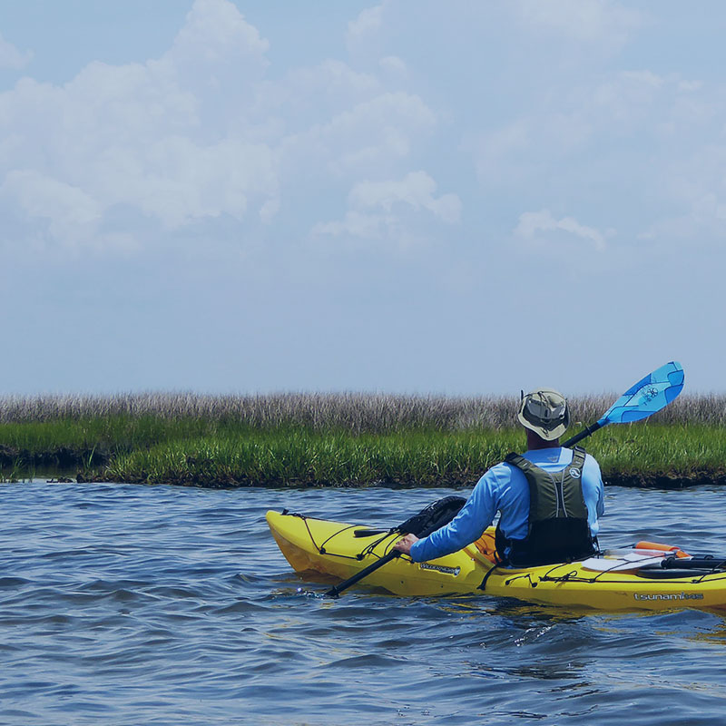 person paddling in a yellow kayak next to a salt marsh