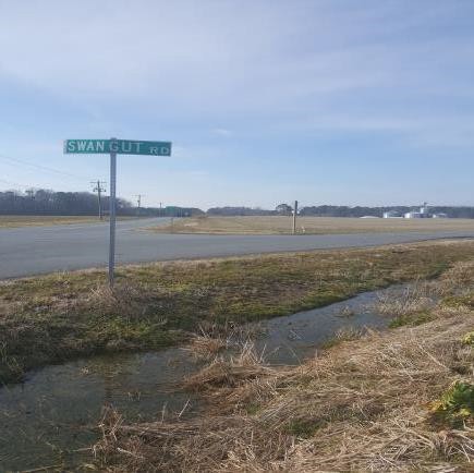 Just over the state line, Swan’s Gut Road stands among four corners of expansive farm land. The sign is in Maryland and across the intersection you enter Accomack County, Virginia.