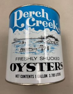 oyster can with Perch Creek logo