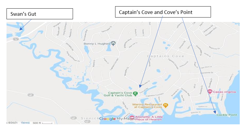 Swan’s Gut brings fresh water to Chincoteague Bay and winds through farms and marshlands. Graphic: Google Maps