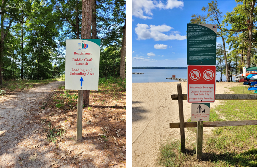 signs explaining where to launch paddle craft at Jamestown Beach park