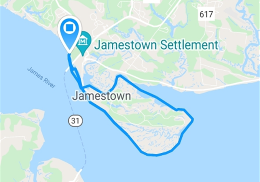 map showing a portion of the James River with a blue trail loop going around Jamestown island