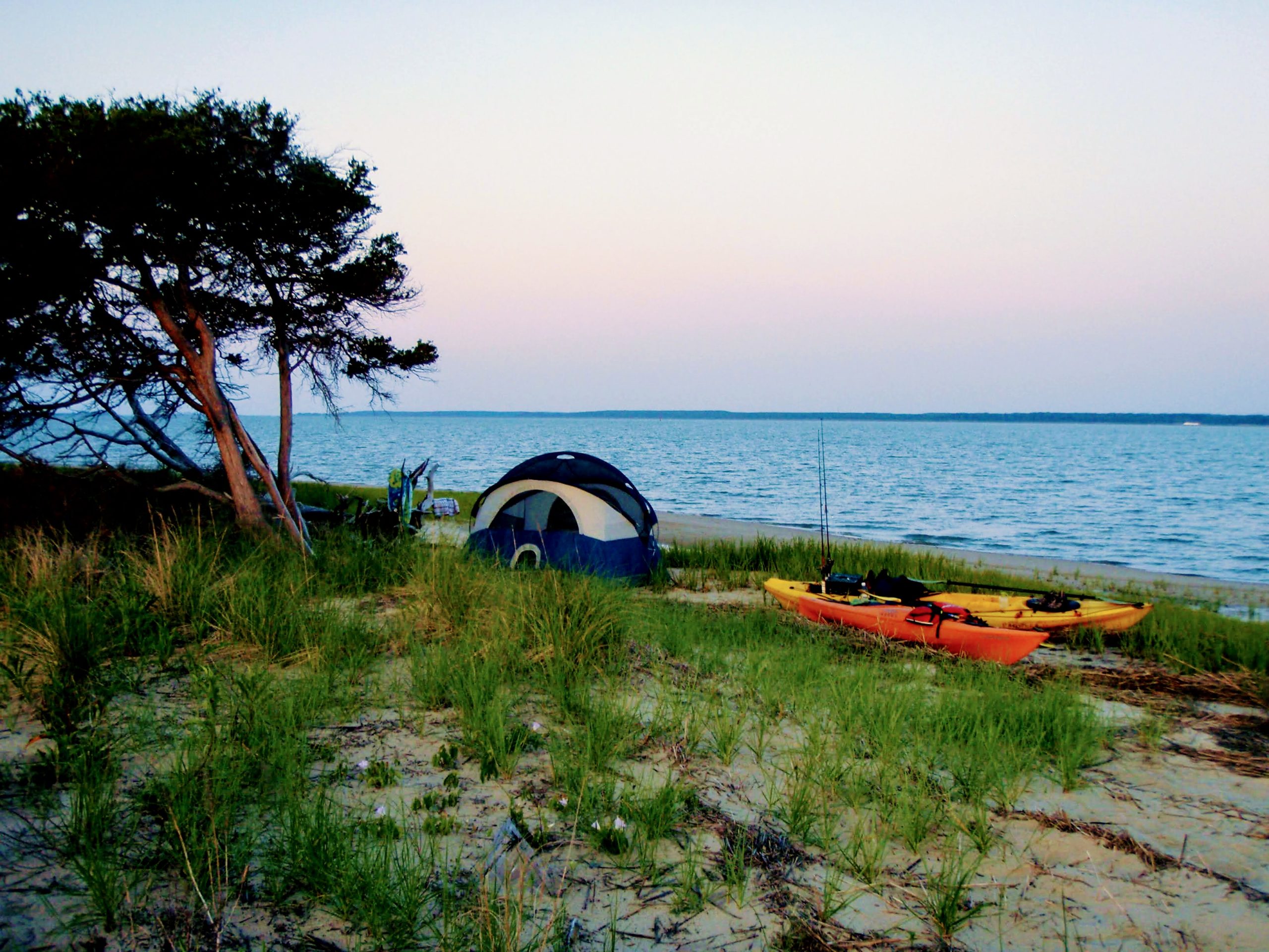 tent and two kayaks in the grass next to an open bay