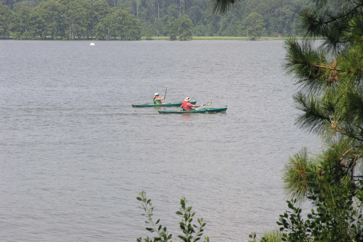 two kayakers in green kayaks paddle a wide waterway in coastal Virginia