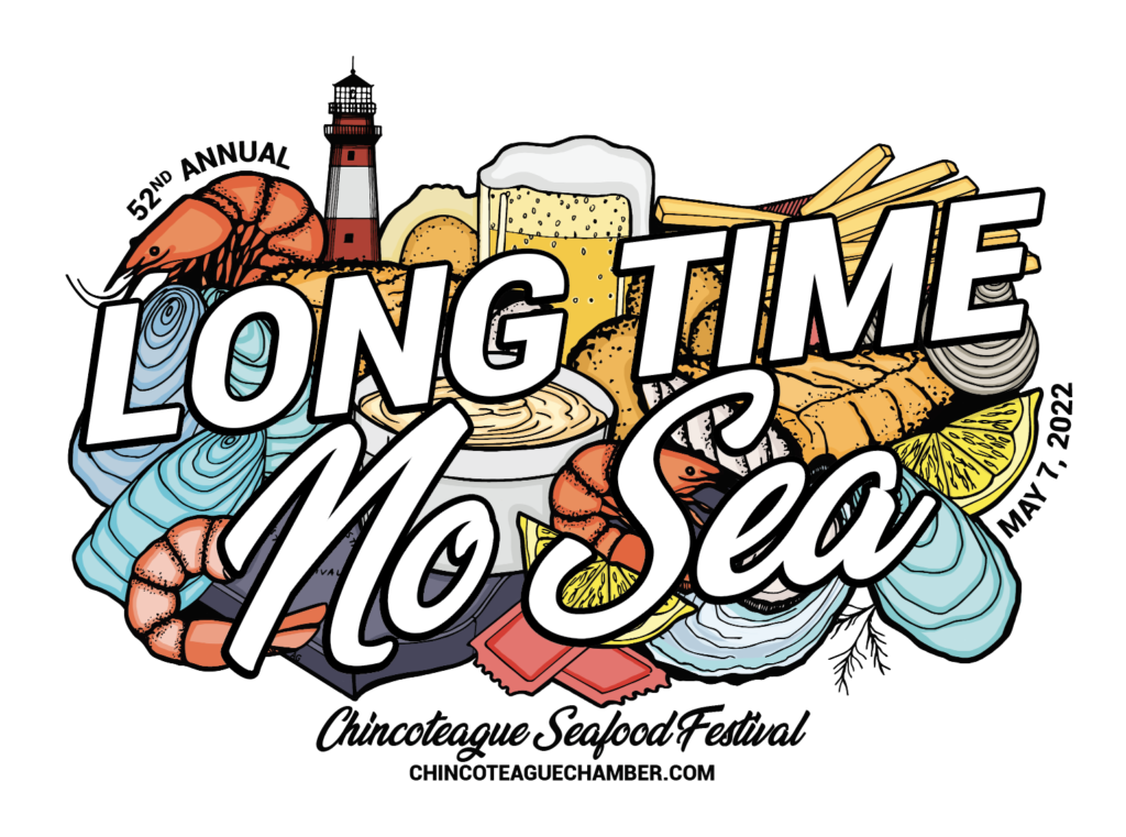 logo for chincoteague seafood festival with shrimp, oysters, beer, and a lighthouse