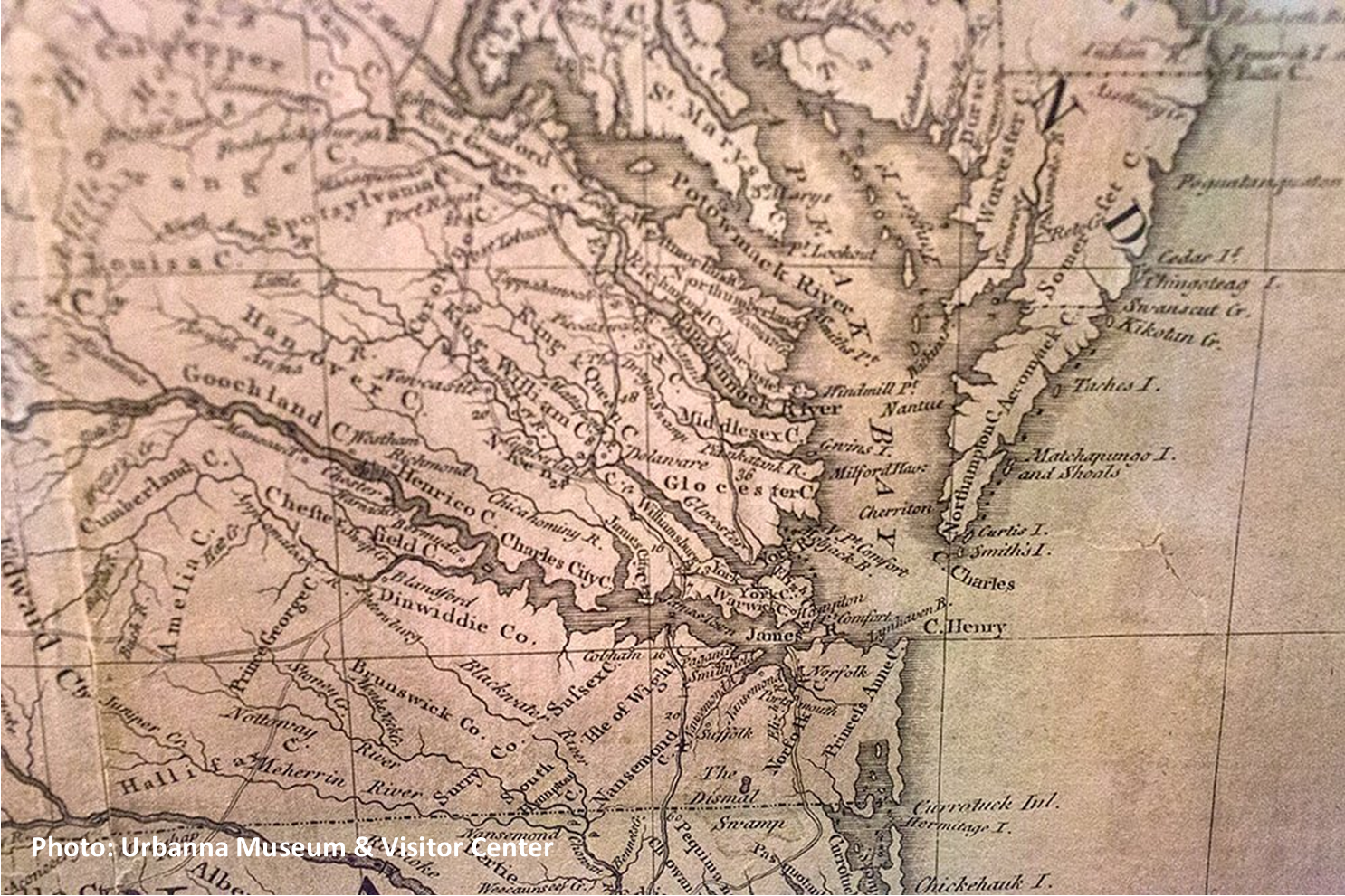 historic hand-drawn map of coastal Virginia