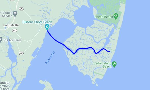 map showing the route we took through the marsh creeks to kayak to the barrier island, Cedar Island
