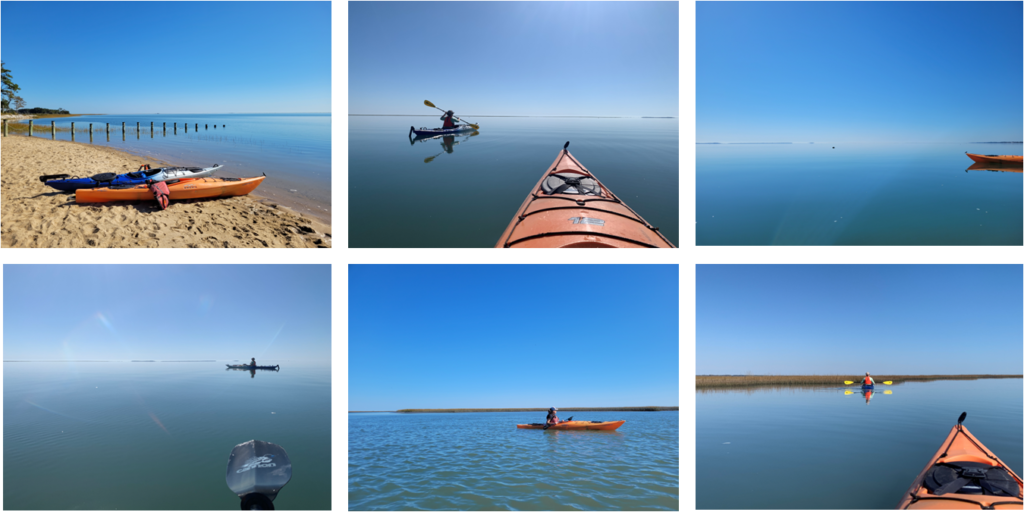 Several photos showing the stages of kayaking to Virignia's barrier islands, from the beach on the mainland to the open waters of the bay