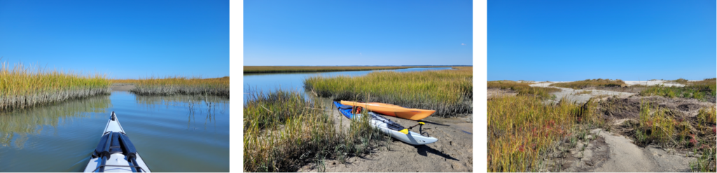 3 photos showing kayaks approaching the barrier island