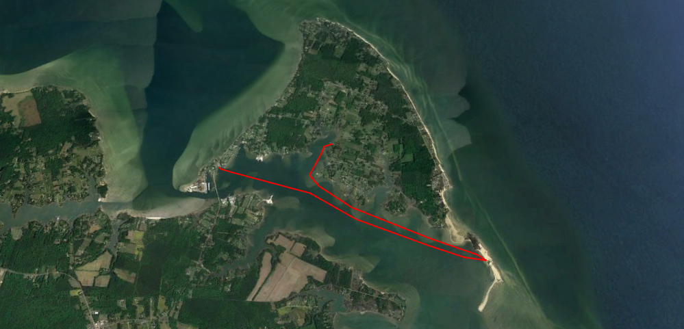 map showing route to paddle to beach on gwynns island