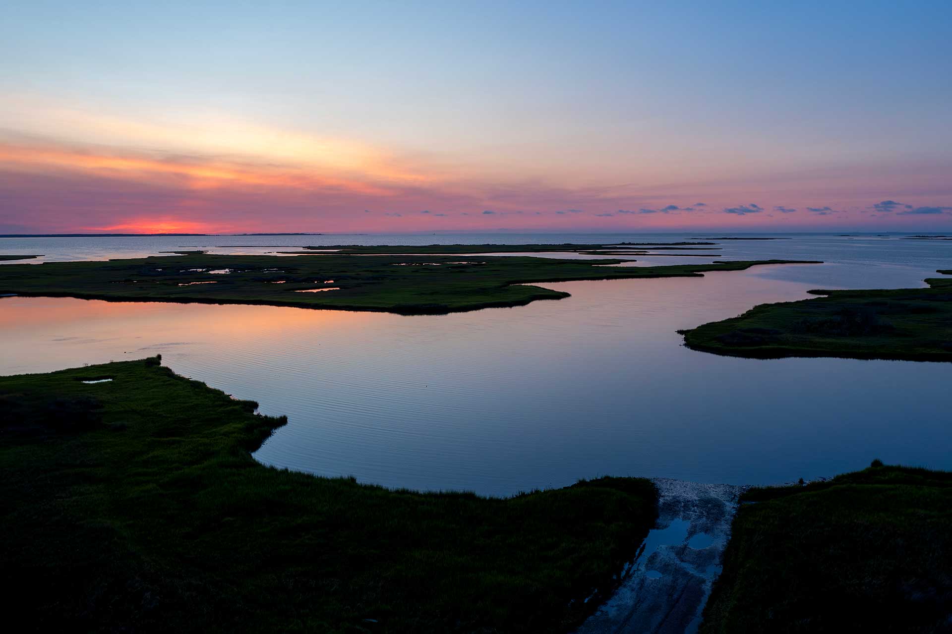 Aerial photo of the Guinea Marsh at sunrise